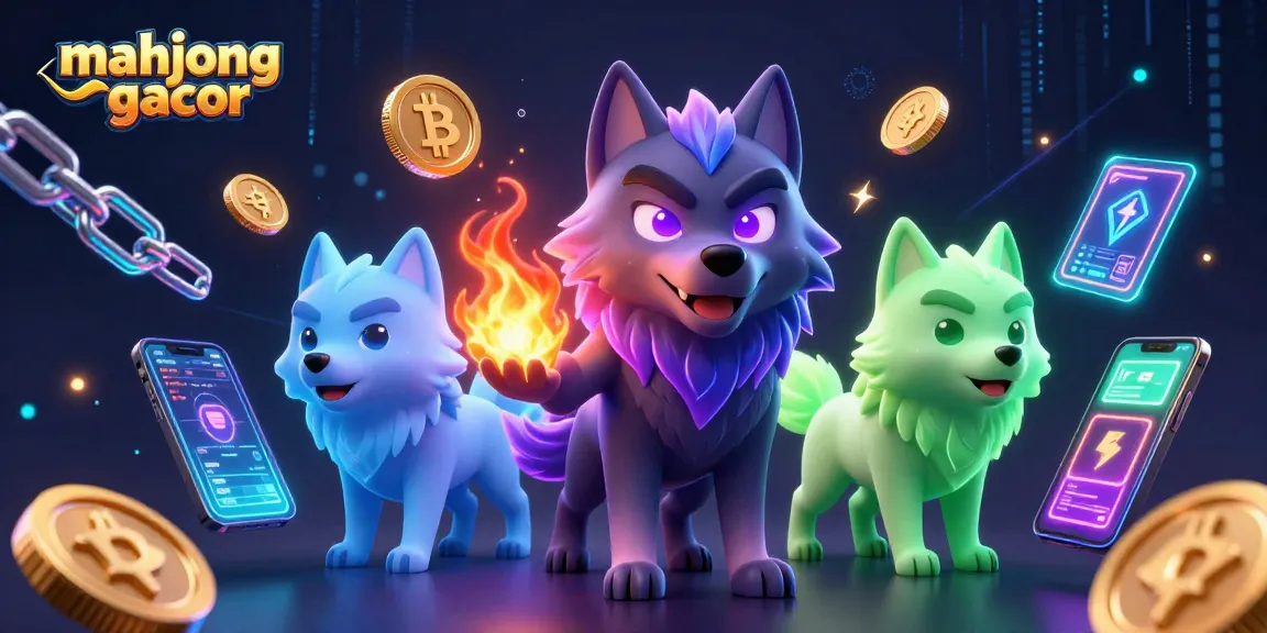 Experience the excitement of mahjong gacor with an animated scene featuring mystical wolves and crypto elements.