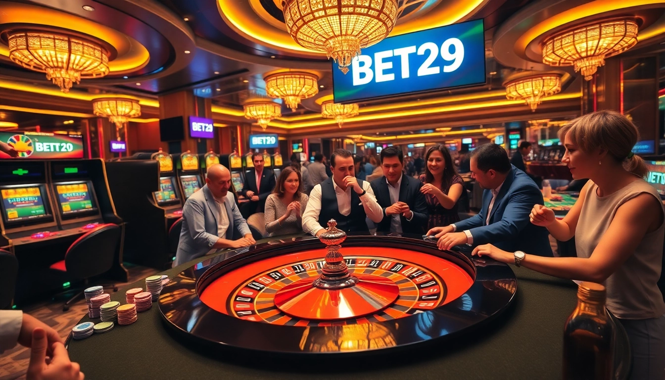Experience the thrill of betting in the luxurious BET29 casino setting, filled with excitement and vibrant action.