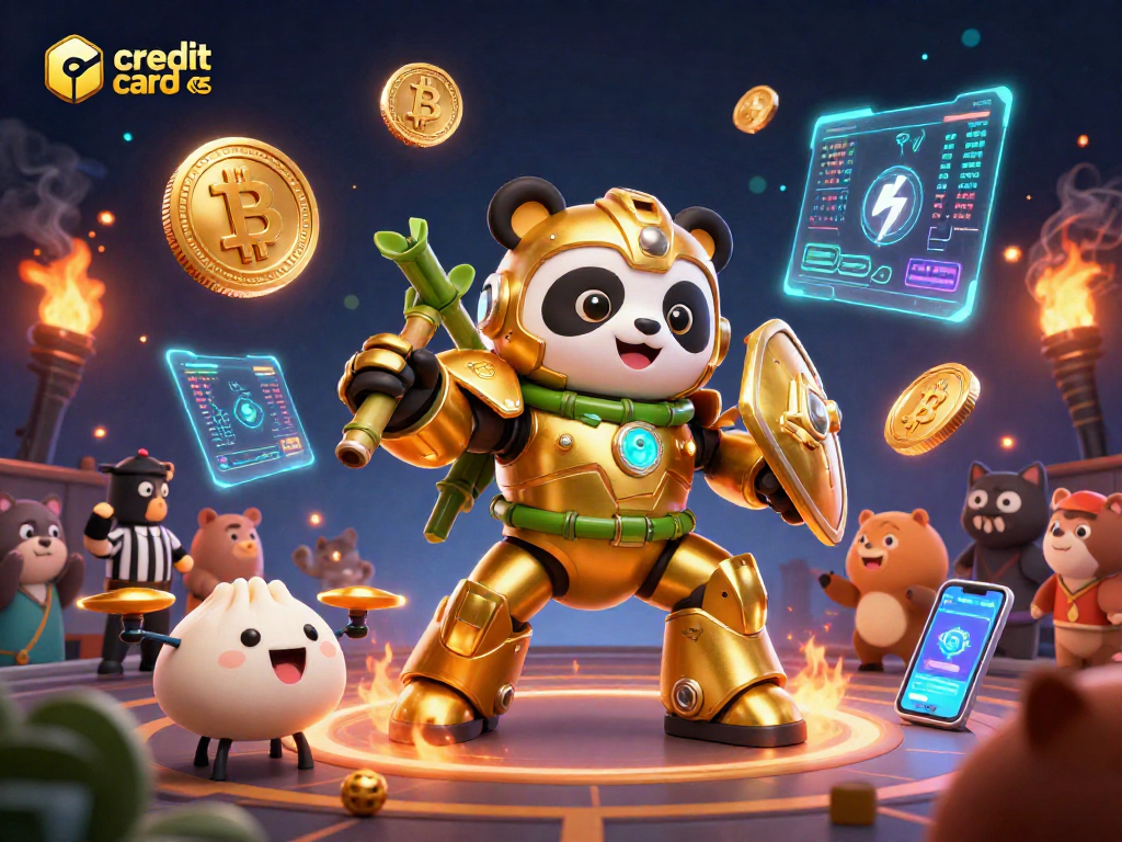 Exciting action at credit card casinos featuring a mech-suit panda in a dynamic gaming arena.