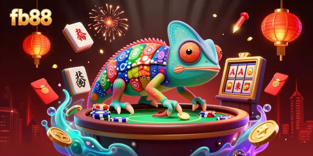 Experience the vibrant energy of fb88 casino with a dynamic illustration featuring a chameleon owner amidst floating game elements.