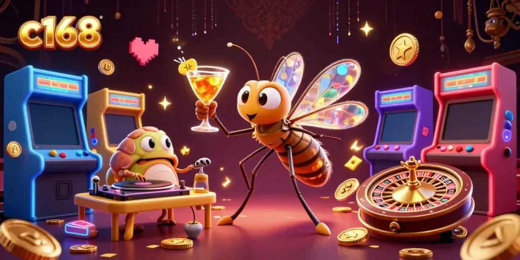 Experience c168's vibrant casino world with a 3D cartoon mosquito and trilobite DJ.