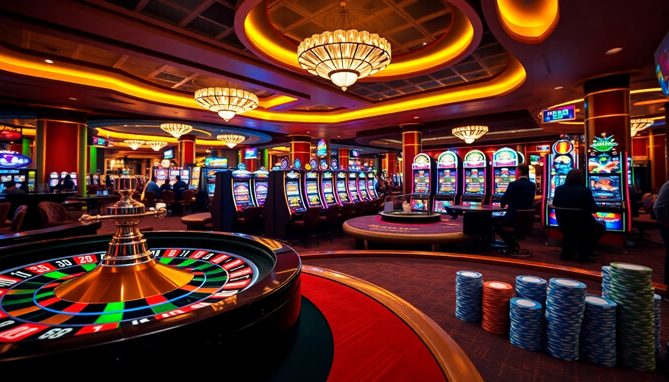EE88 casino experience with vibrant slot machines and poker action in a luxury gaming environment.