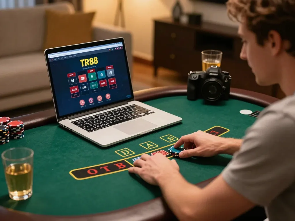 Player strategically placing a bet on TR88 online blackjack with a laptop in a cozy setting.