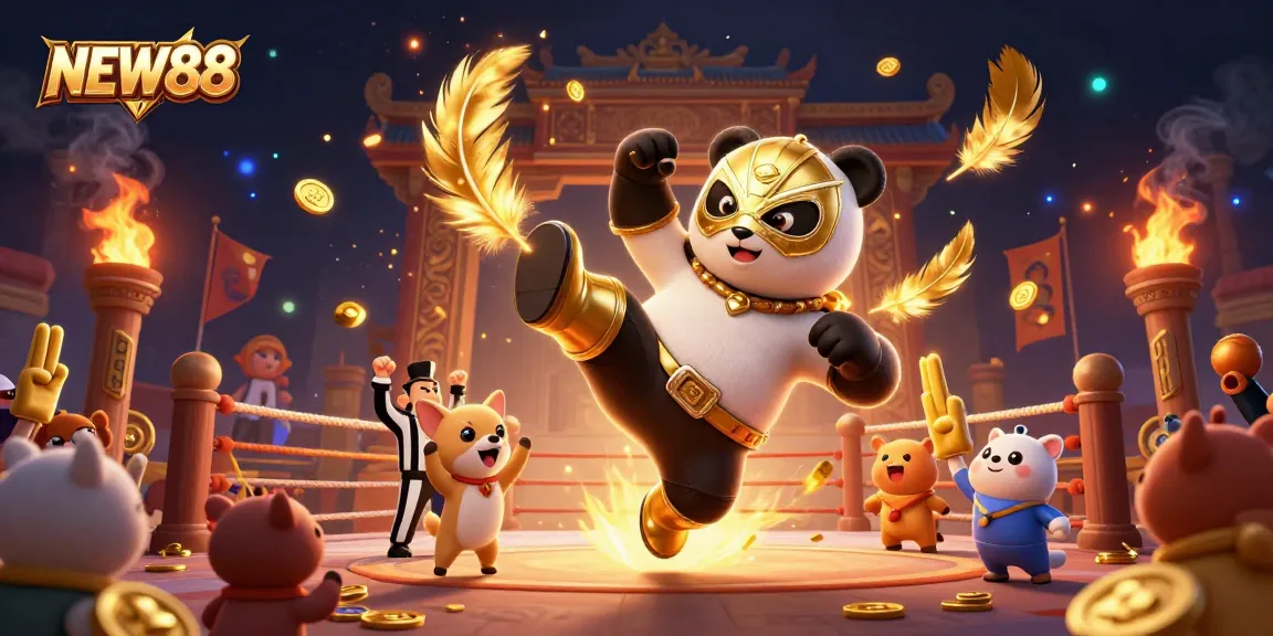 Experience thrilling gameplay with NEW88 as a panda wrestler performs a flying kick in a vivid casino arena.