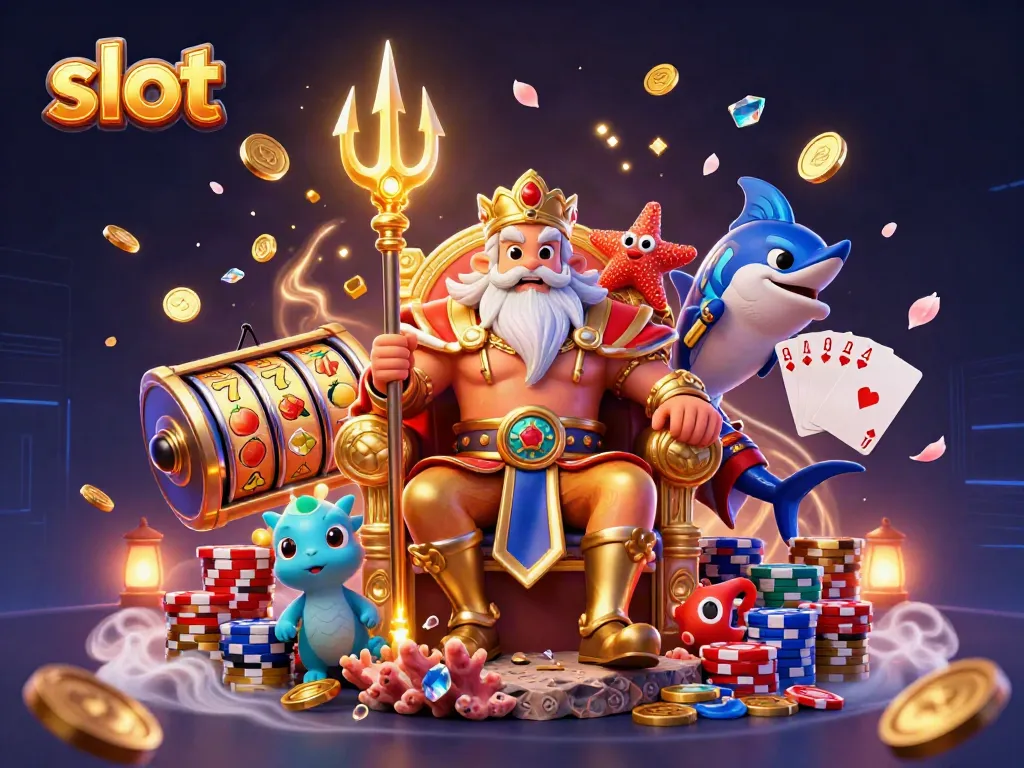 Engage with thrilling slot fun as Neptune and his allies celebrate a jackpot party.