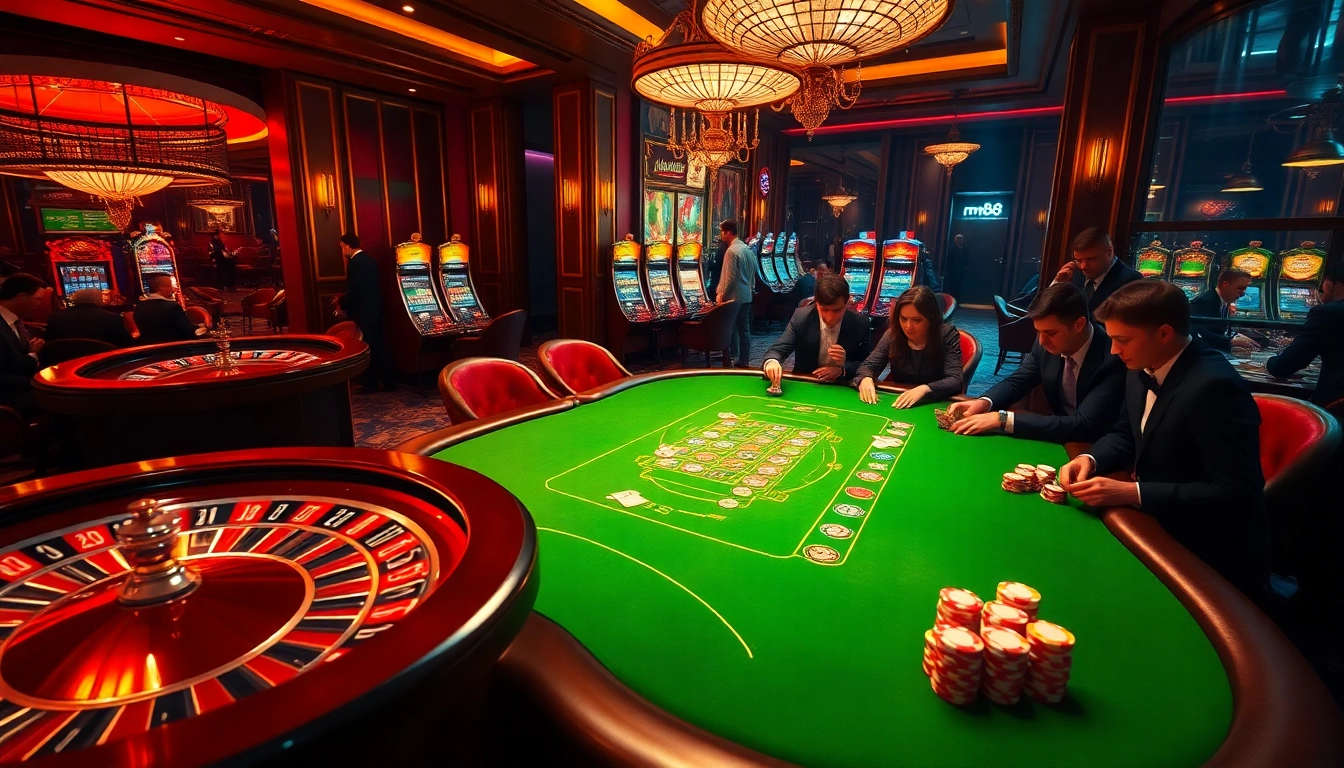 Players engaging in a thrilling poker game at mm88's luxurious casino.