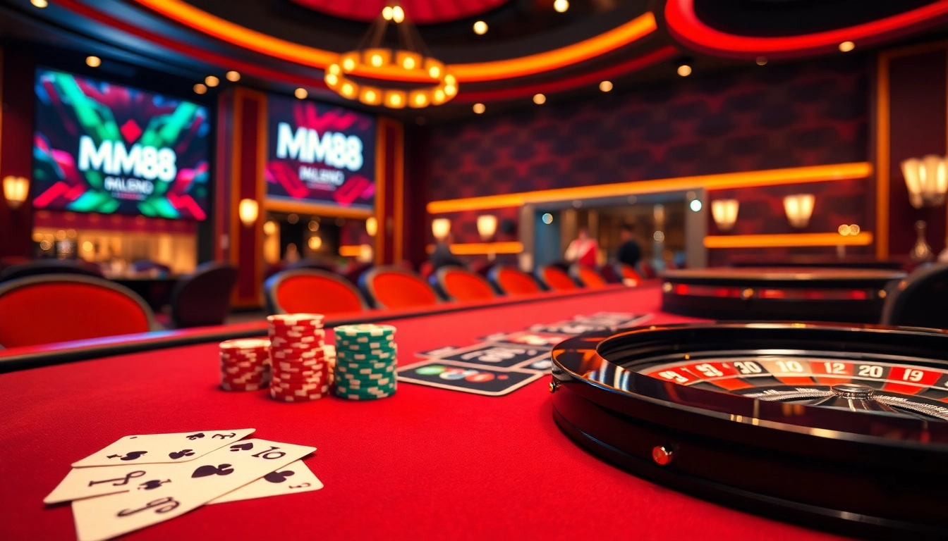 Experience the thrill of gambling with MM88 at a luxurious poker table filled with colorful chips.