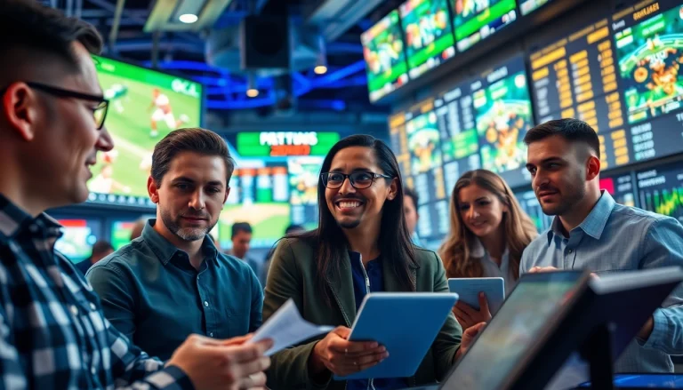 Engaging scene of online betting with diverse individuals placing bets and displaying live odds.