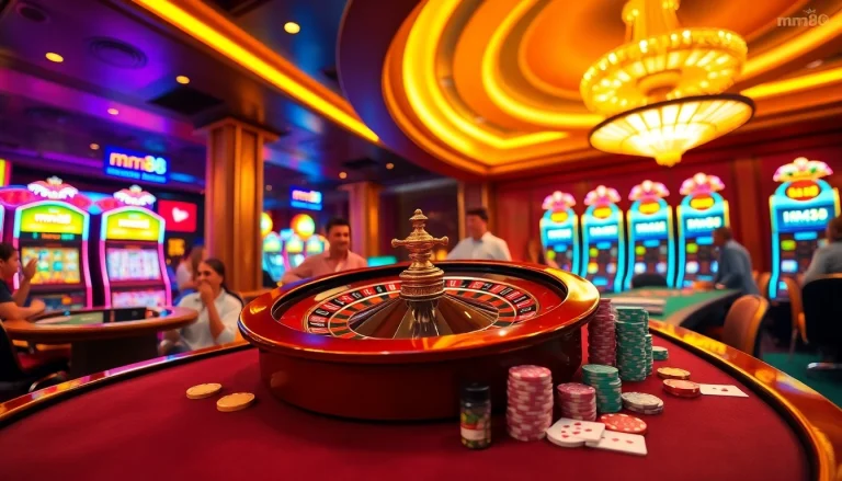 Engaged players at an elegant mm88 casino table, filled with poker chips and excitement.