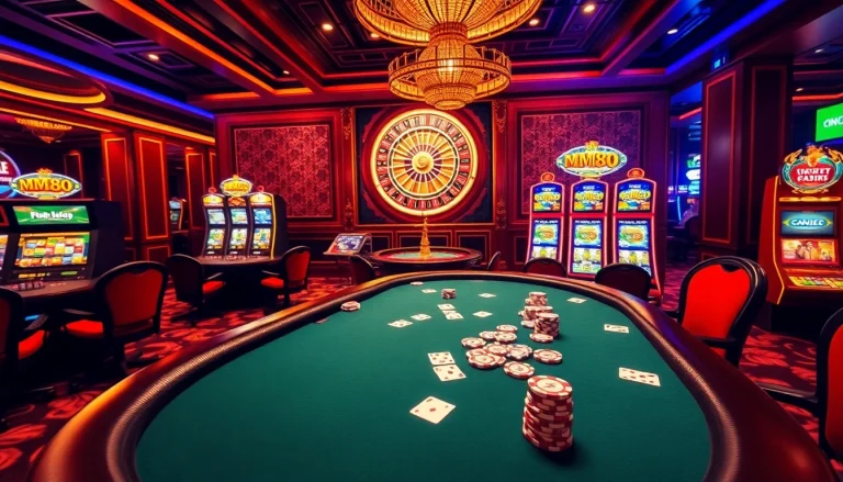 Exciting MM88 online casino gaming scene with vibrant poker and roulette tables.