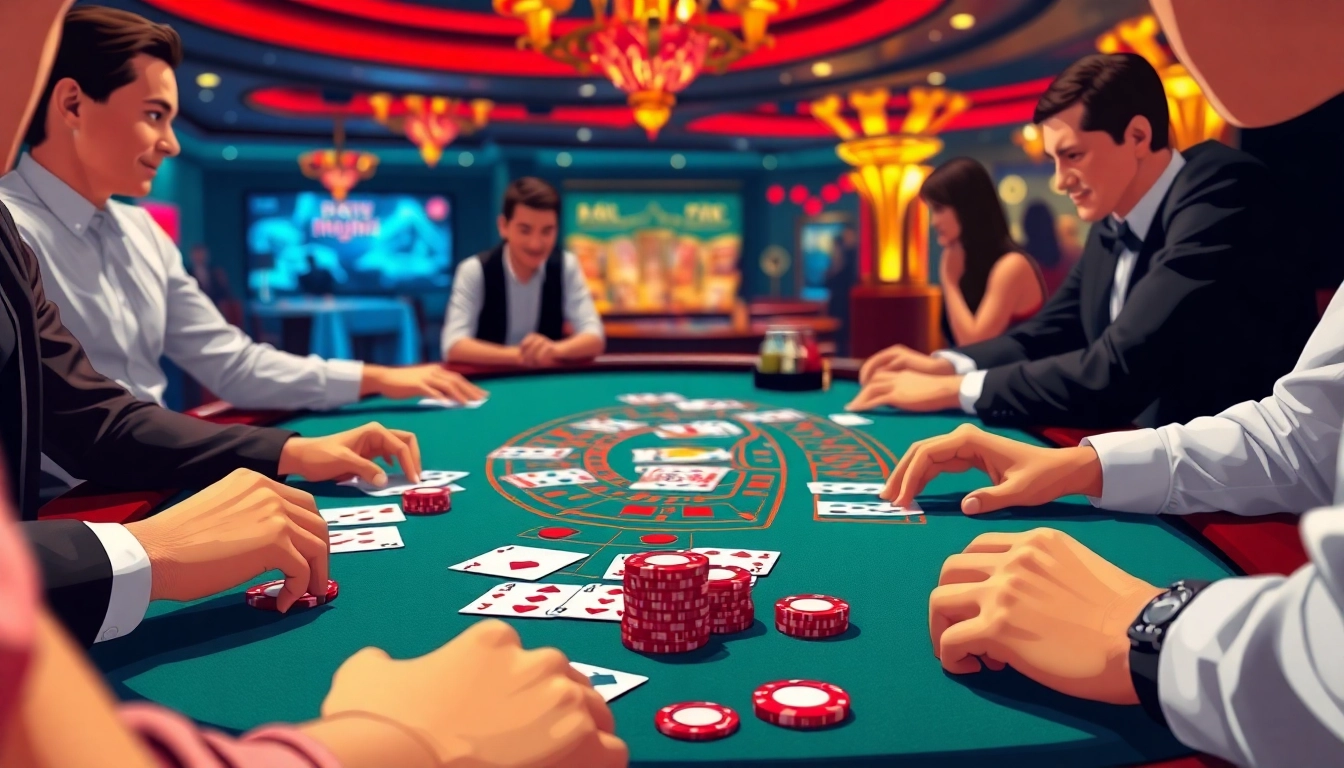 Engage in the thrill of Blackjack Casino with players immersed in strategy at a vibrant gaming table.