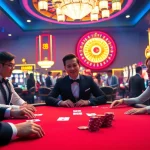 Experience the thrill of Jun88 with players at a casino poker table, vibrant chips, and a spinning roulette wheel.