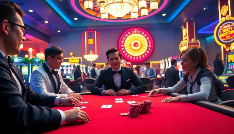 Experience the thrill of Jun88 with players at a casino poker table, vibrant chips, and a spinning roulette wheel.