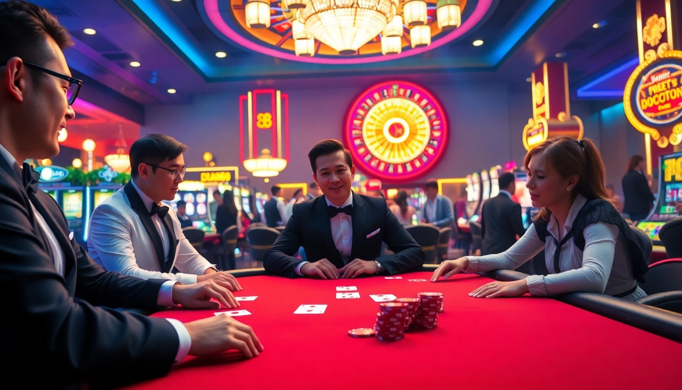 Experience the thrill of Jun88 with players at a casino poker table, vibrant chips, and a spinning roulette wheel.