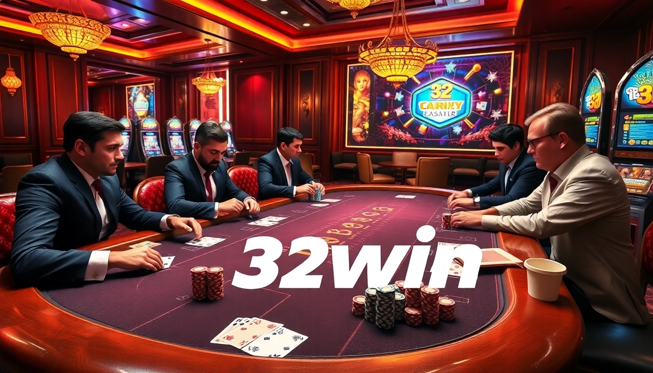 Exciting poker scene featuring 32win branding with vibrant poker chips and elegant cards.