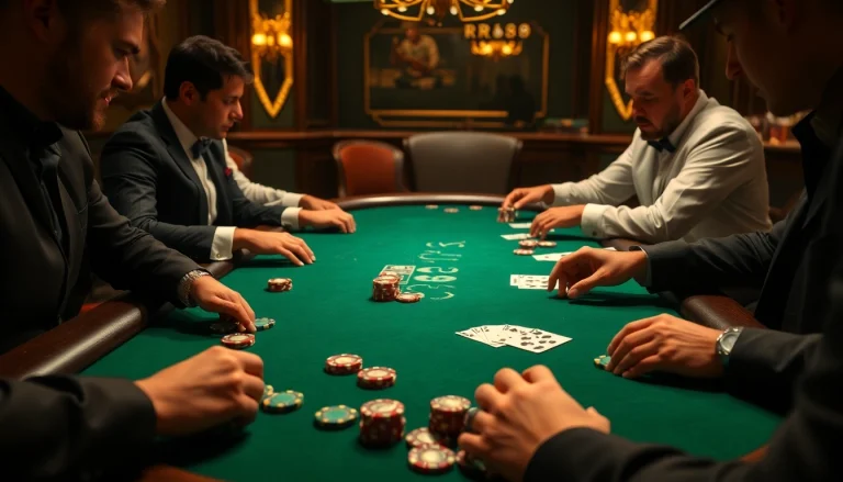 RR88 poker scene showcasing players at a luxurious table with vibrant chips and cards.