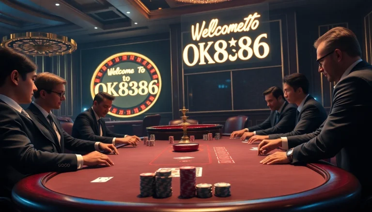 Intense poker game at OK8386 casino, showcasing colorful chips and cards.