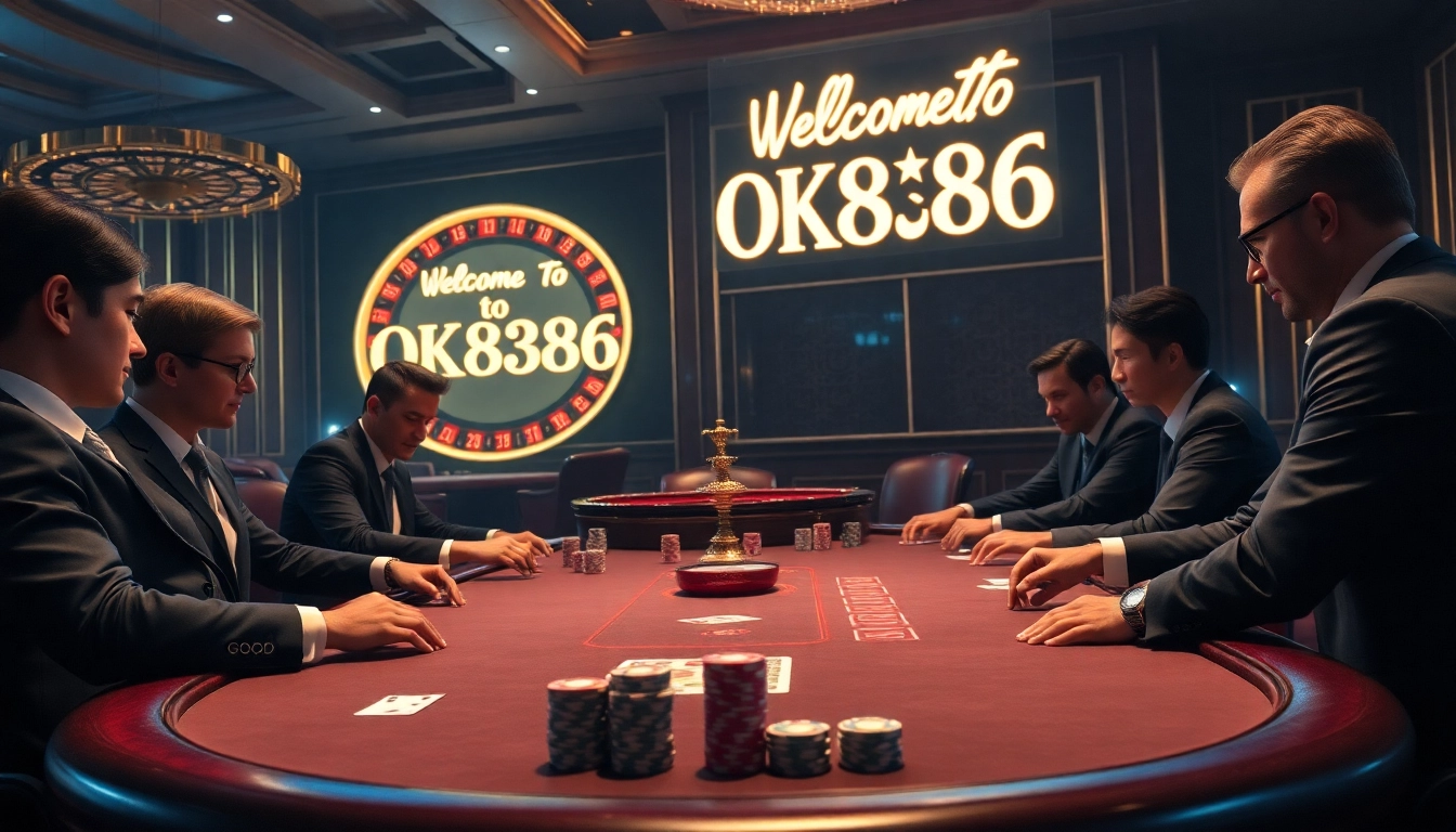 Intense poker game at OK8386 casino, showcasing colorful chips and cards.