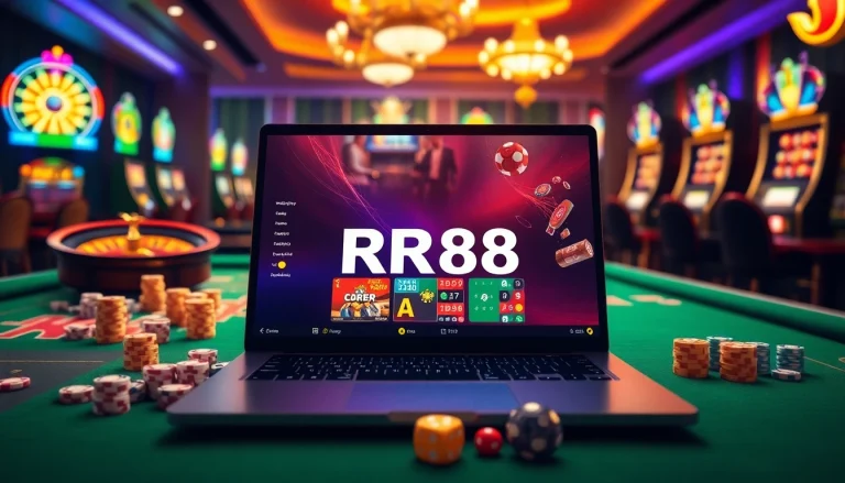 Experience thrilling gameplay at RR88 with vibrant casino tables, poker chips, and online interfaces.