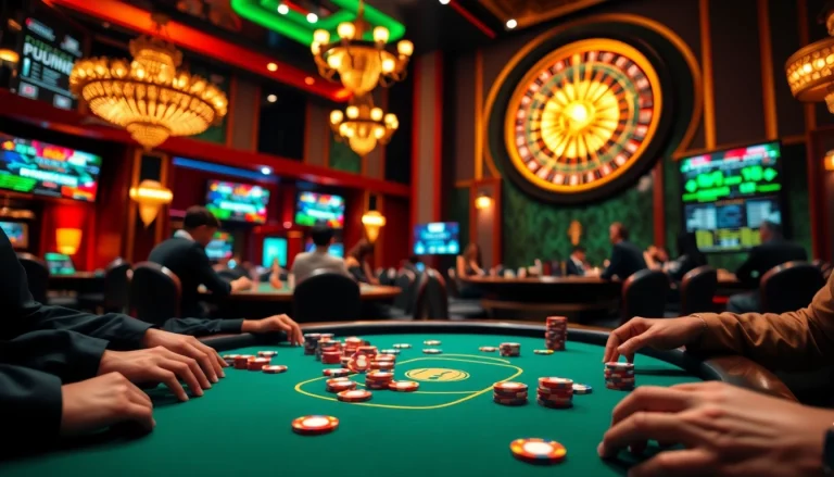 Des joueurs profitant du frisson au casino en ligne RR88 avec des jetons de poker colorés et une roulette.