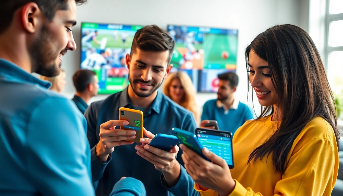 Engaged bettors participating in online Betting with vibrant digital graphics on display.