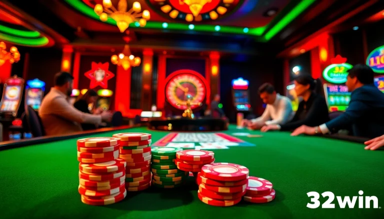 Players strategizing at a poker table, highlighting the excitement of winning at 32win.