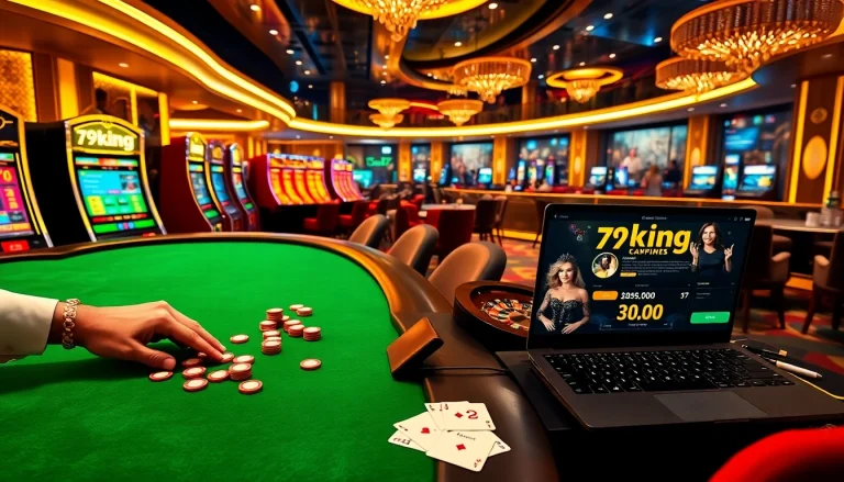 79king online gambling scene with roulette, cards, and slot machines in a luxurious casino