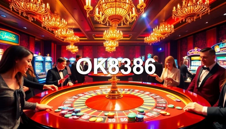 Players strategizing on the OK8386 roulette table amidst a lavish casino setting.