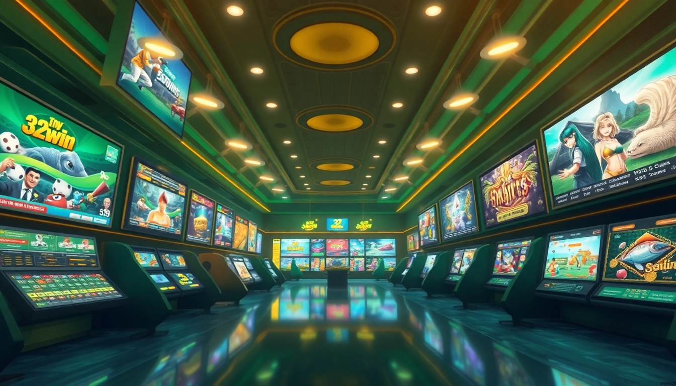 Online gambling platform 32win showcasing various games in a vibrant casino style