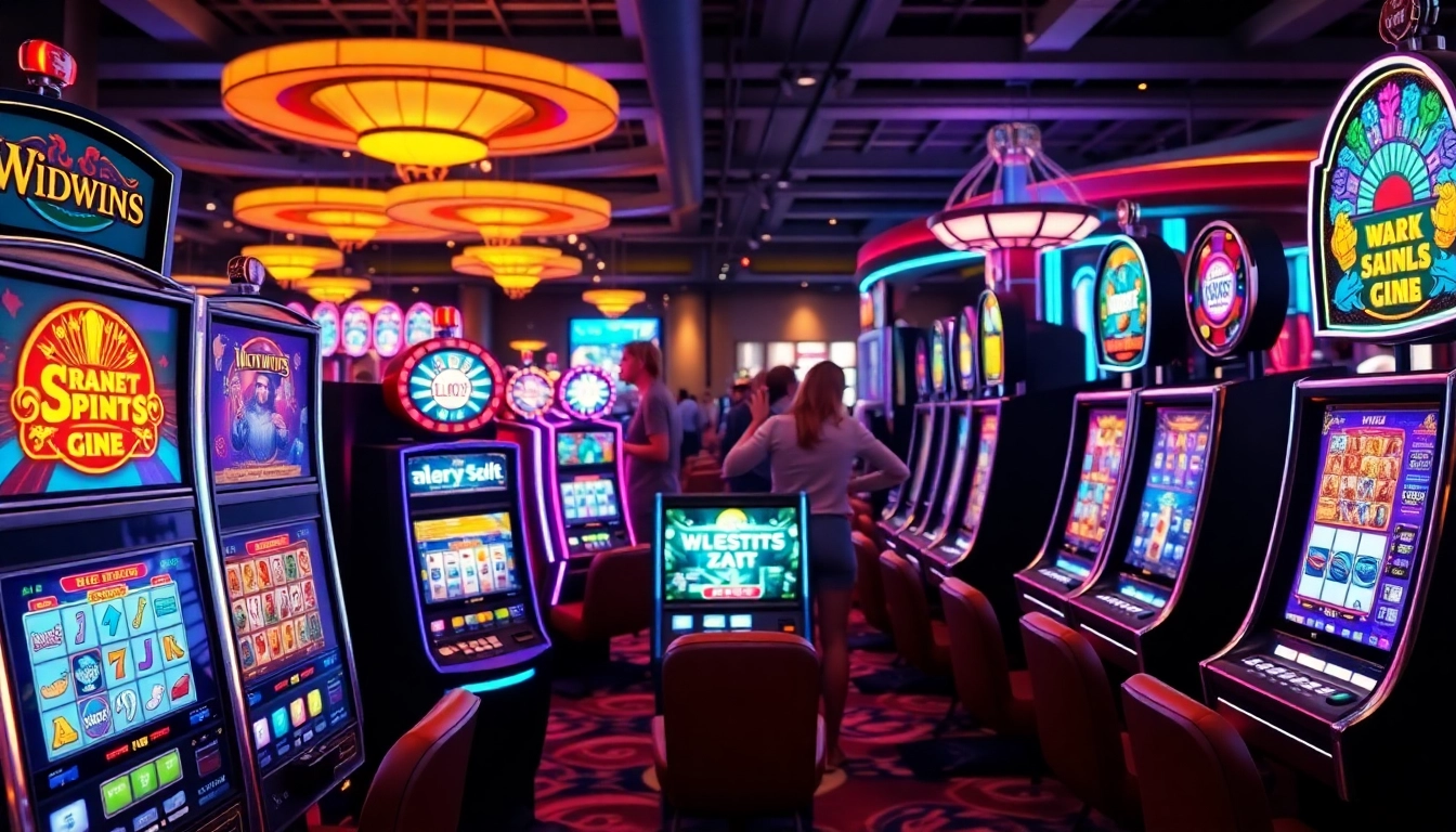 Main Slot Game machines berwarna-warni di kasino modern yang ramai.