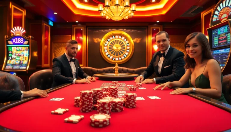 Playing poker at XX88 casino with vibrant chips and cards under warm lighting.