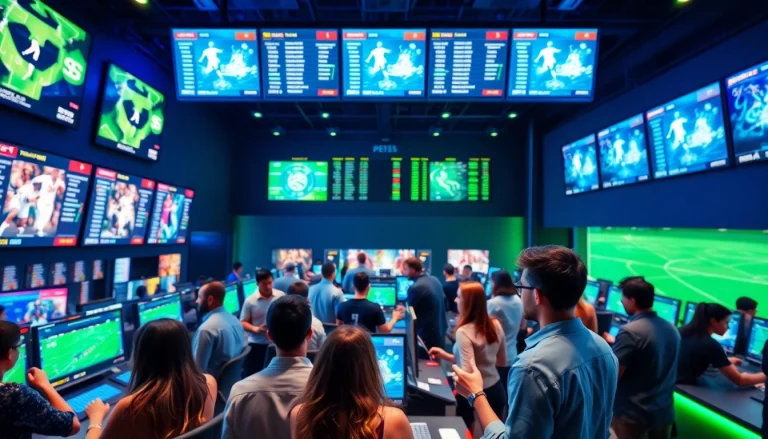 Immerse in Sports Betting excitement with enthusiastic bettors evaluating dynamic odds and promotions.
