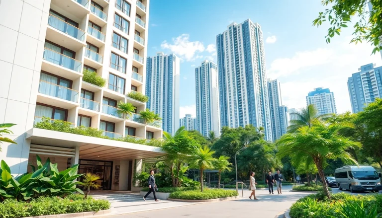 Showcase the tampines st 95 ec luxurious condominium amidst a vibrant urban landscape highlighting modern architecture.