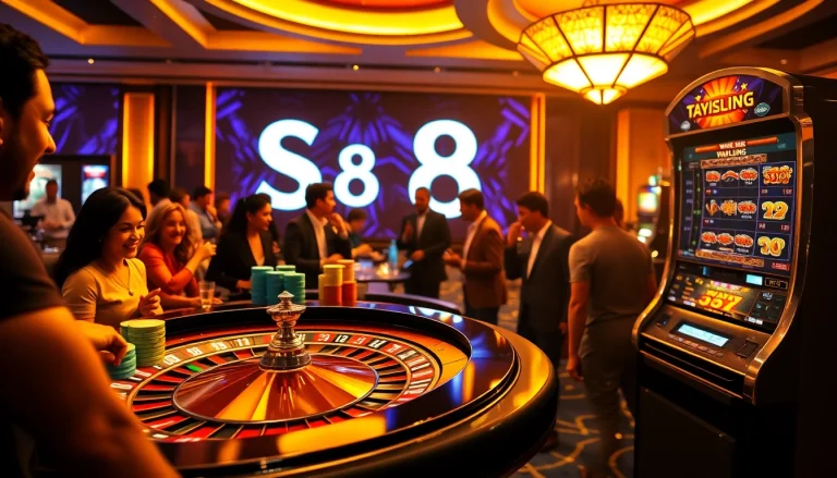 Experience thrill at S8 Casino with vibrant tables, roulette, and excited players.