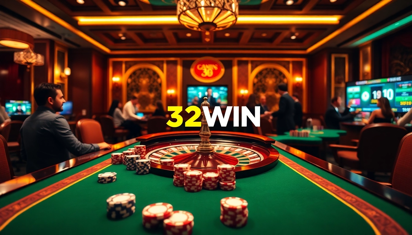 Players enjoying a thrilling game at 32WIN's online casino with live dealers and vibrant atmosphere.