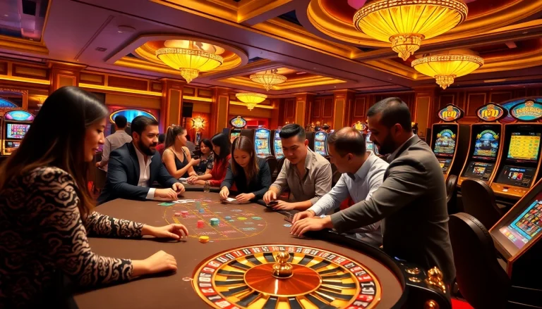 Excited players enjoying casino games at kubet77, showcasing vibrant poker tables and slot machines.