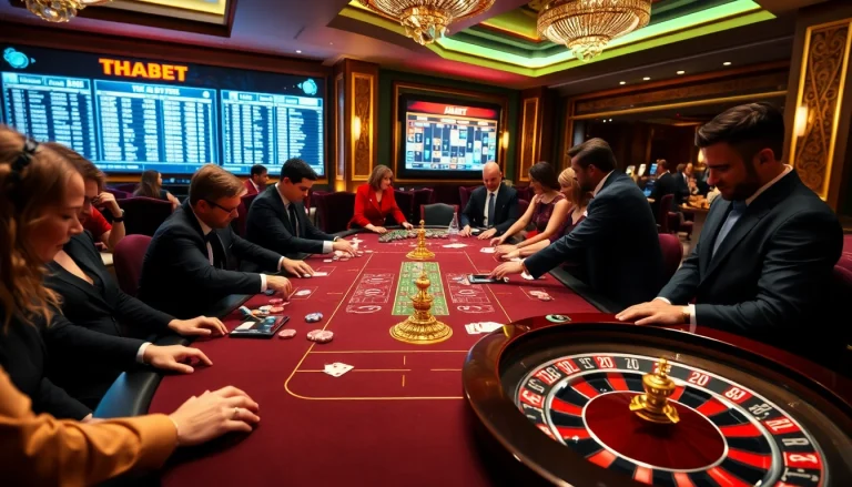 Excited players betting at a THABET casino table, with poker chips and cards.