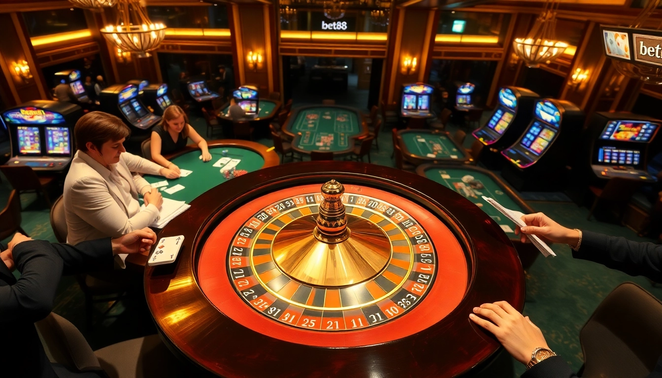 Experience thrilling gambling action at bet88 with an elegant roulette table and vibrant casino ambiance.