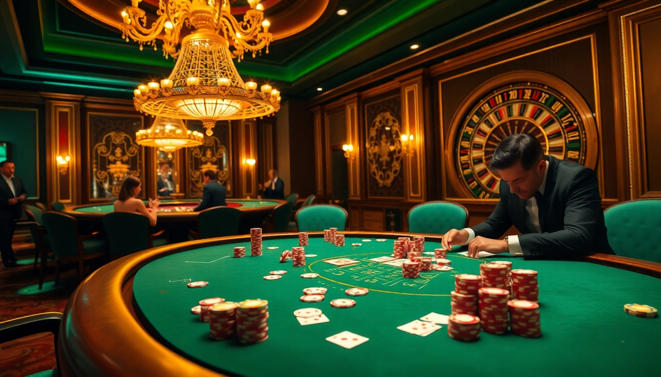 Players strategizing at a high-stakes table in the luxurious XX88 casino atmosphere.