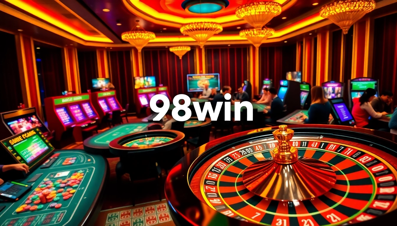 Gamble at 98win with excitement, showing vibrant casino tables and a spinning roulette wheel.