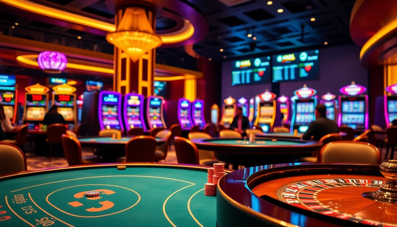 Players enjoying an exciting casino experience at HM88 with vibrant gaming tables and slot machines.