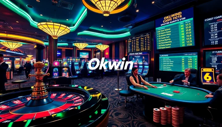 Okwin players experiencing excitement around a vibrant casino table with roulette and blackjack.
