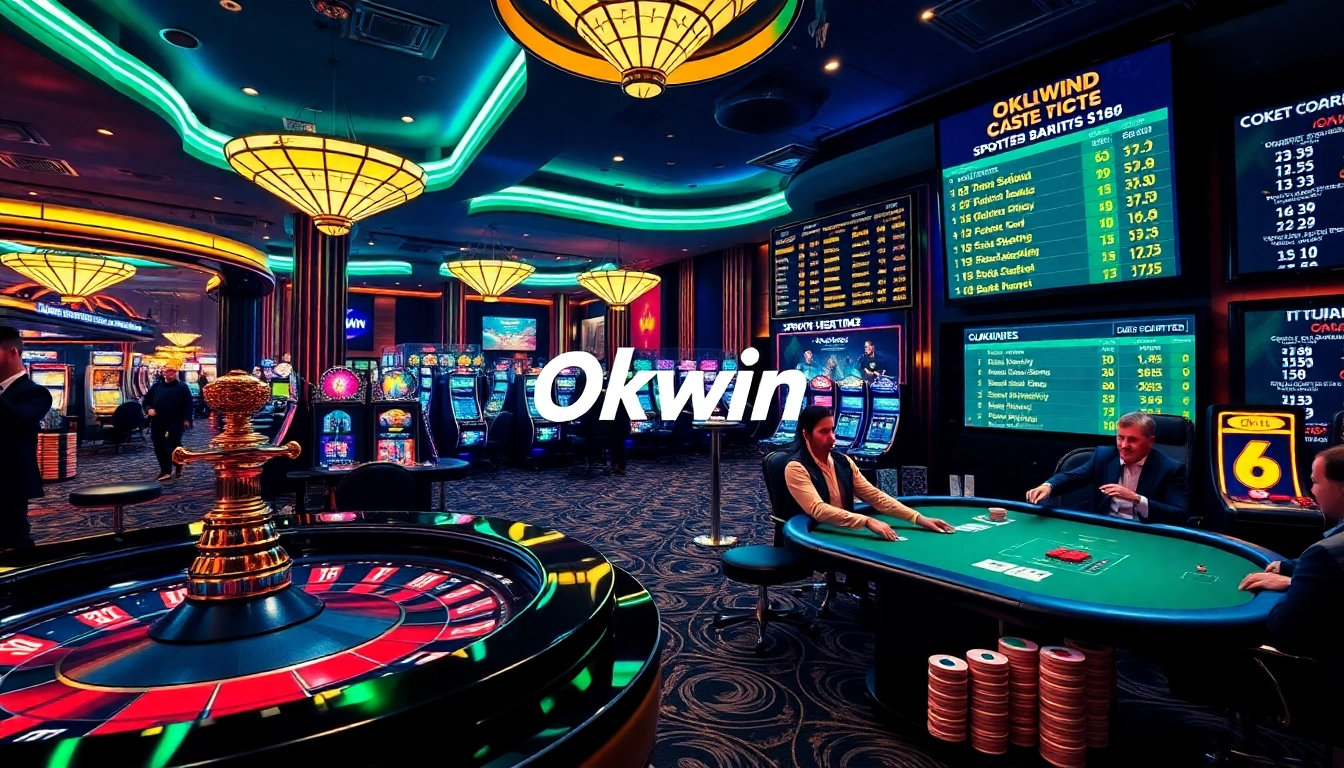 Okwin players experiencing excitement around a vibrant casino table with roulette and blackjack.