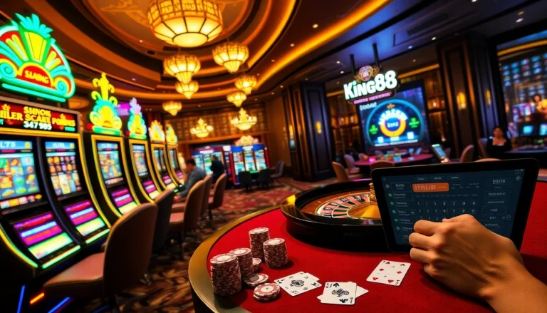 Experience the excitement of KING88 with players betting at a luxury casino scene.