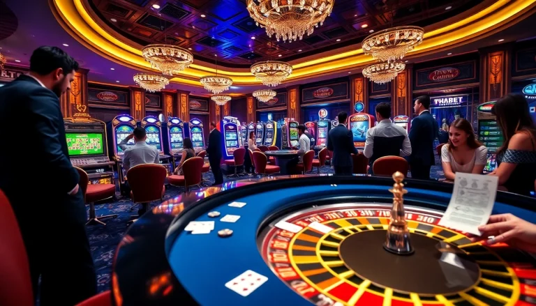 Engaged gamblers playing on slot machines and at the roulette table at THABET casino.