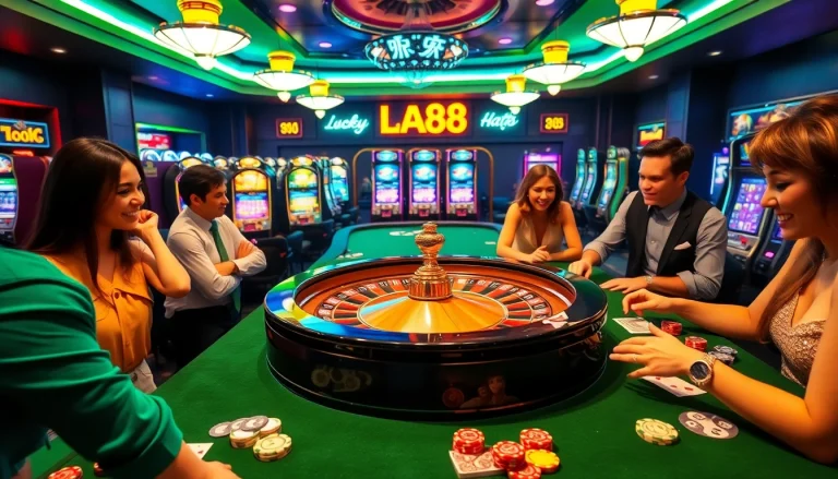 Players celebrate a big win at the luxurious lucky88 casino tables surrounded by vibrant slot machines.