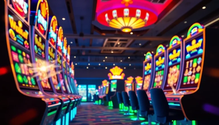 Engaging online slot gaming scene featuring hoki138, with vibrant slot machines and excited players.