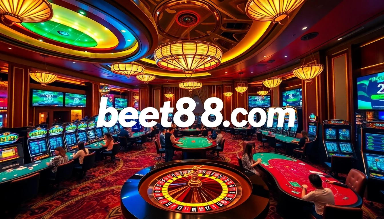 Experience excitement at bet88.com with heartfelt players enjoying poker and roulette in a luxurious casino.