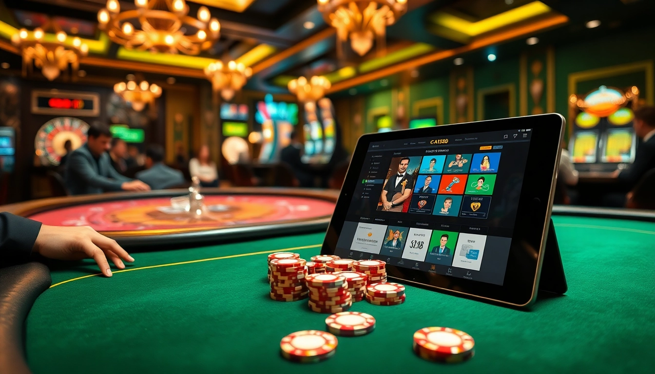 C168 casino scene showcasing players at poker tables with cards and chips, evoking excitement.