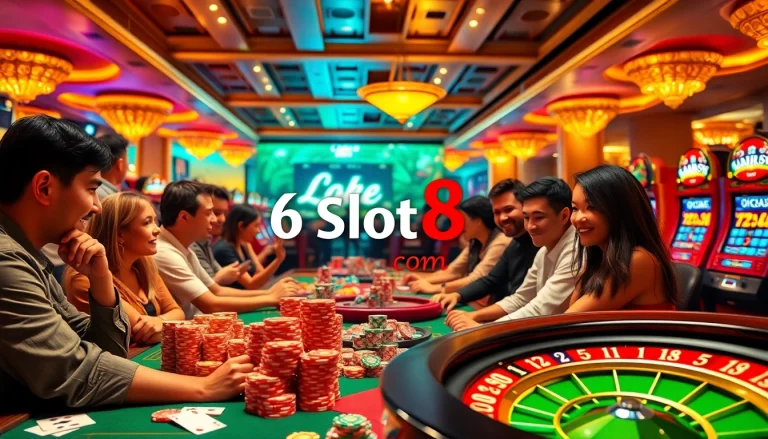 Players enjoying slot games at 6slots8 com casino, vibrant atmosphere, engaging in thrilling gambling.